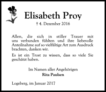 Traueranzeige von Elisabeth Proy von Lübecker Nachrichten