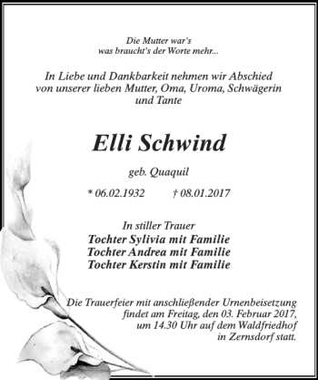Traueranzeige von Elli Schwind von MAZ-Trauer.de