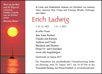 Traueranzeige von Erich Ladwig von Ostsee-Zeitung