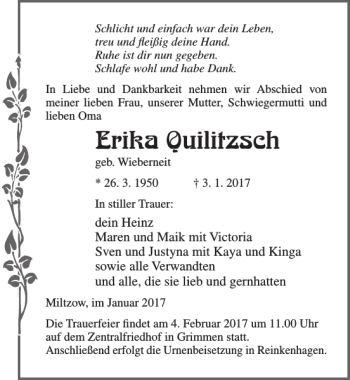 Traueranzeige von Erika Quilitzsch von Ostsee-Zeitung