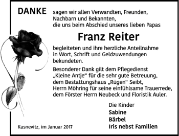 Traueranzeige von Franz Reiter von Ostsee-Zeitung