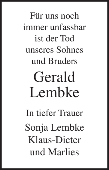 Traueranzeige von Gerald Lembke von Ostsee-Zeitung