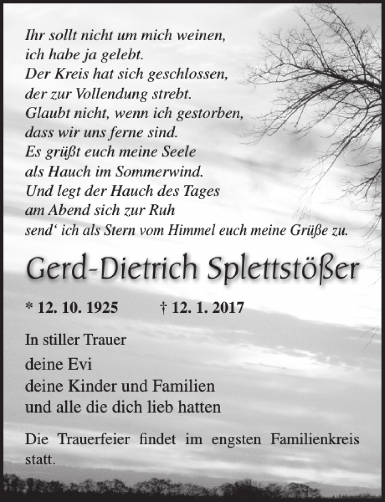  Traueranzeige für Gerd-Dietrich Splettstößer vom 21.01.2017 aus Ostsee-Zeitung