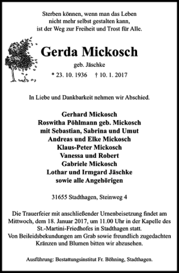 Traueranzeige von Gerda Mikosch von Schaumburger Nachrichten