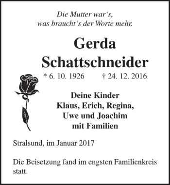 Traueranzeige von Gerda Schattschneider von Ostsee-Zeitung