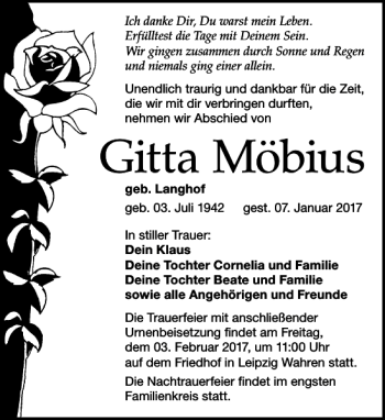 Traueranzeige von Gitta Möbius von Leipziger Volkszeitung