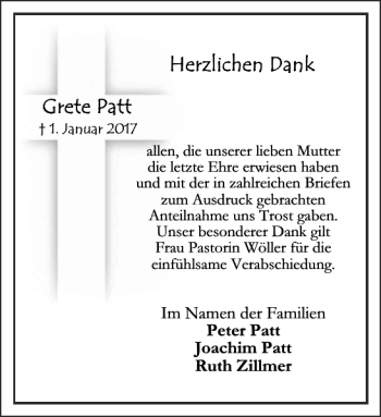 Traueranzeige von Grete Patt von Peiner Allgemeine Zeitung