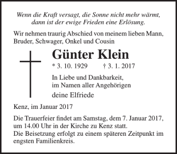 Traueranzeige von Günter Klein von Ostsee-Zeitung