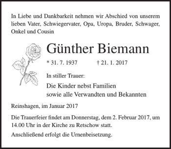 Traueranzeige von Günther Biemann von Ostsee-Zeitung