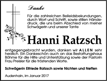 Traueranzeige von Hanni Ratzsch von Torgauer Zeitung