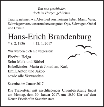 Traueranzeige von Hans-Erich Brandenburg von Ostsee-Zeitung