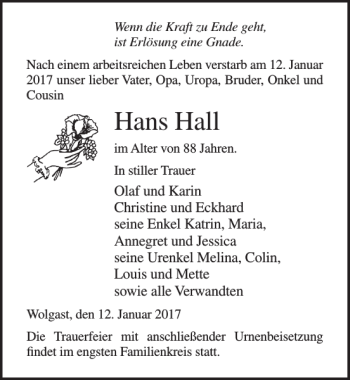 Traueranzeige von Hans Hall von Ostsee-Zeitung