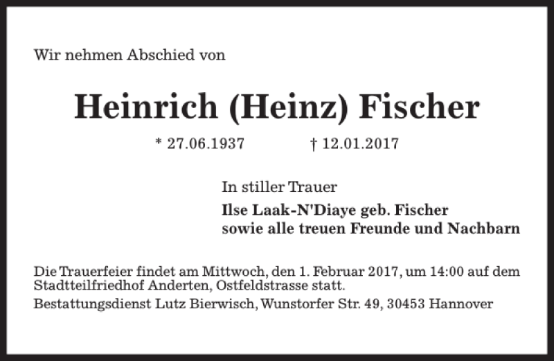  Traueranzeige für Heinrich (Heinz) Fischer vom 28.01.2017 aus HAZ/NP