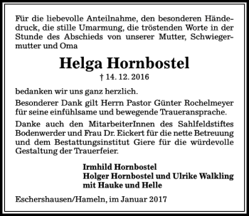 Traueranzeige von Helga Hornbostel von Peiner Allgemeine Zeitung