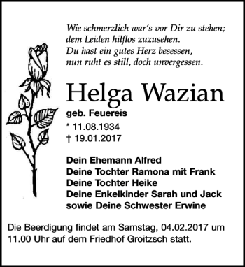 Traueranzeige von Helga Wazian von Leipziger Volkszeitung