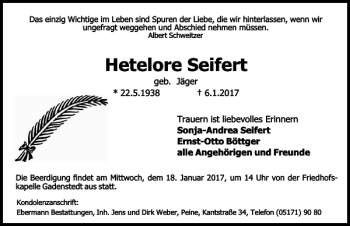 Traueranzeige von Hetelore Seifert von Peiner Allgemeine Zeitung