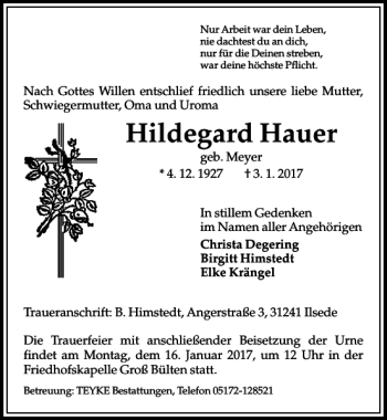 Traueranzeige von Hildegard Hauer von Peiner Allgemeine Zeitung