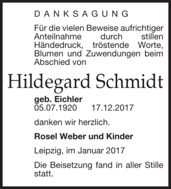 Traueranzeige von Hildegard Schmidt von Leipziger Volkszeitung