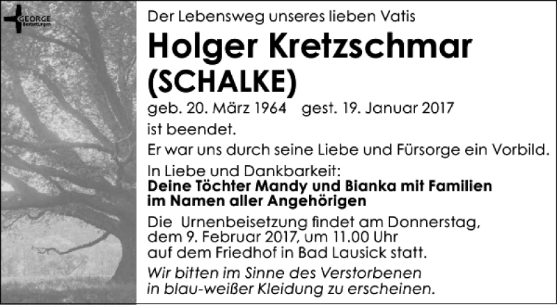  Traueranzeige für Holger Kretzschmar vom 28.01.2017 aus Leipziger Volkszeitung