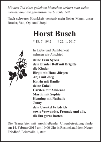 Traueranzeige von Horst Busch von Ostsee-Zeitung