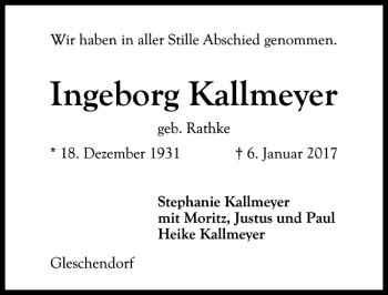 Traueranzeige von Ingeborg Kallmeyer von Lübecker Nachrichten