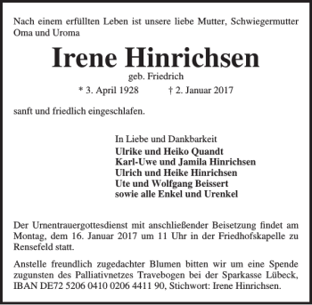 Traueranzeige von Irene Hinrichsen von Lübecker Nachrichten