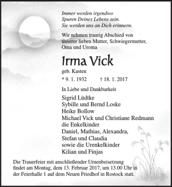 Traueranzeige von Irma Vick von Ostsee-Zeitung
