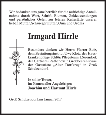 Traueranzeige von Irmgard Hirrle von MAZ-Trauer.de