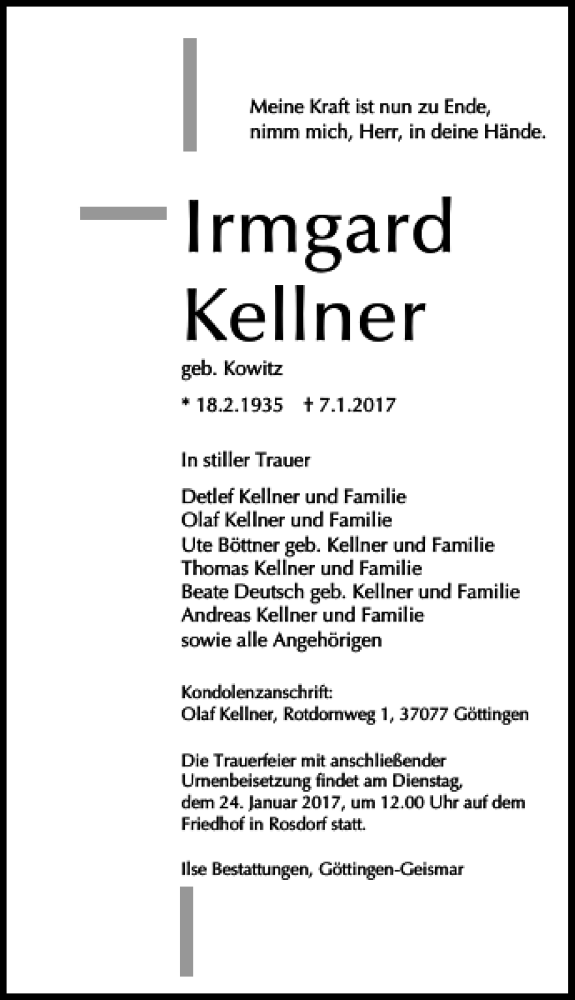  Traueranzeige für Irmgard Kellner vom 21.01.2017 aus Göttinger Tageblatt