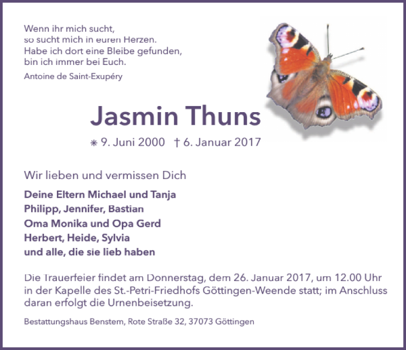  Traueranzeige für Jasmin Thuns vom 21.01.2017 aus Göttinger Tageblatt