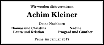 Traueranzeige von Joachim Kleiner von Peiner Allgemeine Zeitung