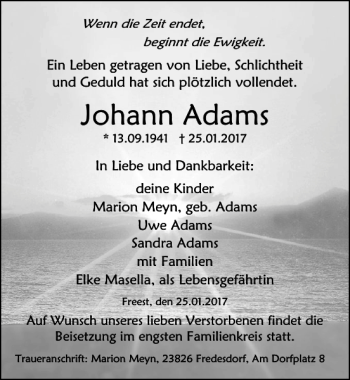 Traueranzeige von Johann Adams von Ostsee-Zeitung