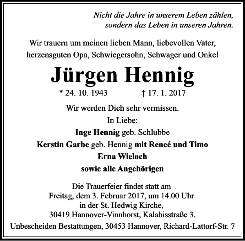  Traueranzeige für Jürgen Hennig vom 28.01.2017 aus HAZ/NP