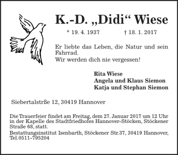 Traueranzeige von K.-D. Didi Wiese von HAZ/NP