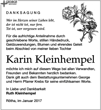 Traueranzeige von Karin Kleinhempel von Leipziger Volkszeitung