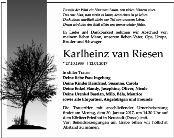Traueranzeige von Karlheinz Von Riesen von MAZ-Trauer.de