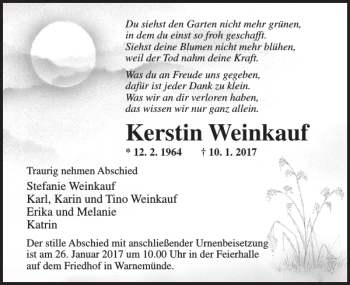 Traueranzeige von Kerstin Weinkauf von Ostsee-Zeitung