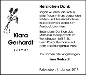 Traueranzeige von Klara Gerhardt von Aller Zeitung / Wolfsburger Allgemeine