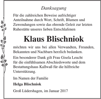 Traueranzeige von Klaus Blischniok von Ostsee-Zeitung