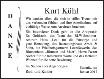 Traueranzeige von Kurt Kühl von Ostsee-Zeitung
