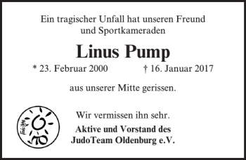 Traueranzeige von Linus Pump von Lübecker Nachrichten