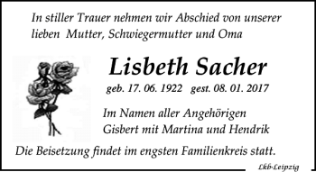 Traueranzeige von Lisbeth Sacher von Leipziger Volkszeitung