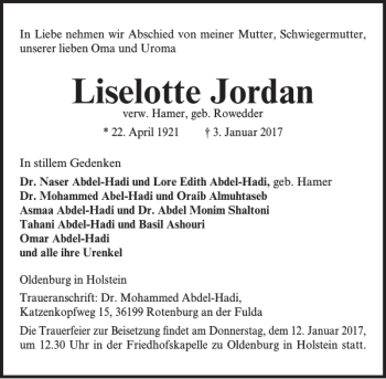 Traueranzeige von Liselotte Jordan von Lübecker Nachrichten