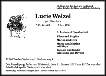 Traueranzeige von Lucie Welzel von Peiner Allgemeine Zeitung