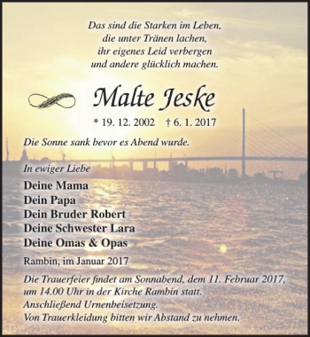 Traueranzeige von Malte Jeske von Ostsee-Zeitung