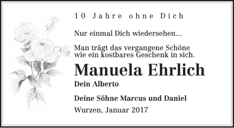  Traueranzeige für Manuela Ehrlich vom 03.01.2017 aus Leipziger Volkszeitung