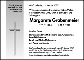 Traueranzeige von Margarete Grabenmeier von Peiner Allgemeine Zeitung