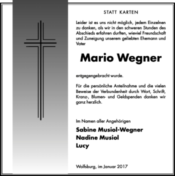 Traueranzeige von Mario Wegner von Aller Zeitung / Wolfsburger Allgemeine