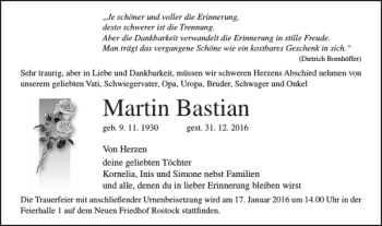 Traueranzeige von Martin Bastian von Ostsee-Zeitung