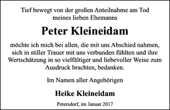 Traueranzeige von Peter Kleineidam von Ostsee-Zeitung